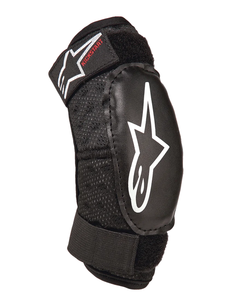 Alpinestars Youth Bionic Action Kickstart Elbow Guard, Black, protective youth elbow pad with white star logo and red Kickstart branding, double adjustable straps with Velcro, breathable mesh fabric, ergonomic design for motocross and action sports