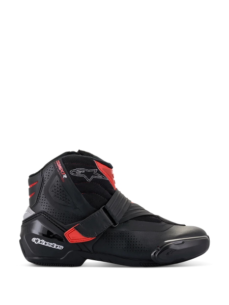 Alpinestars SMX-1 R V2 Vented Boots, low-cut motorcycle riding shoe, Black with Red accents and white logos, perforated microfiber upper for airflow, TPU heel counter and side protection, sporty road performance design.