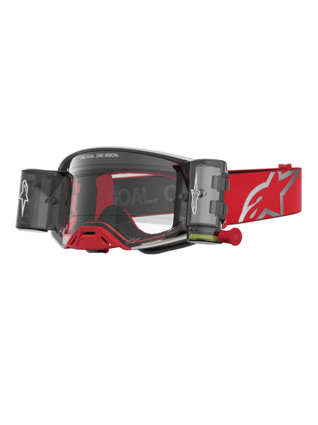Alpinestars Supertech Firma Roll Off Goggles in red and silver for motocross, featuring clear lenses and roll-off canisters.