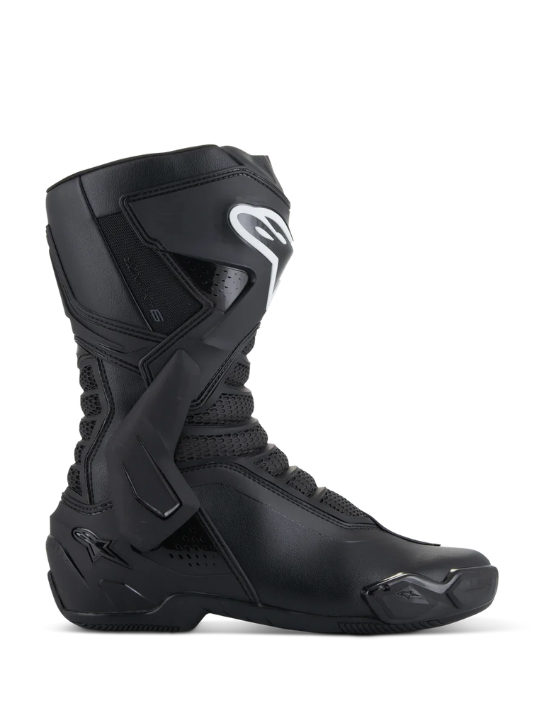 Alpinestars SMX-6 V3 Boots, Black Motorcycle Racing Boots, side profile view, microfiber upper with TPU lateral ankle brace and shin protection, white Alpinestars logo on shin, replaceable toe slider, performance sport riding footwear
