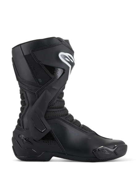 Alpinestars SMX-6 V3 Boots, Black Motorcycle Racing Boots, side profile view, microfiber upper with TPU lateral ankle brace and shin protection, white Alpinestars logo on shin, replaceable toe slider, performance sport riding footwear