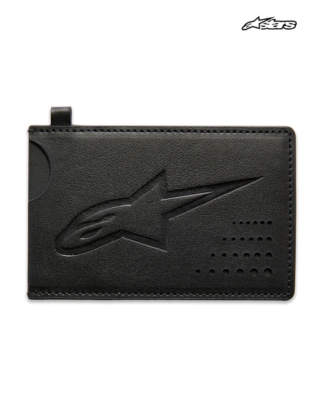 Alpinestars Ageless Credit Card Holder, unisex sportswear card case, black split leather, featuring a debossed Astars logo and curve notch pocket
