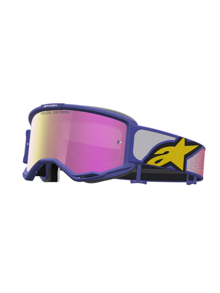 Alpinestars Vision 5 Drag Goggles, purple motocross eyewear with a pink mirror lens and ventilated A-FLEX frame.