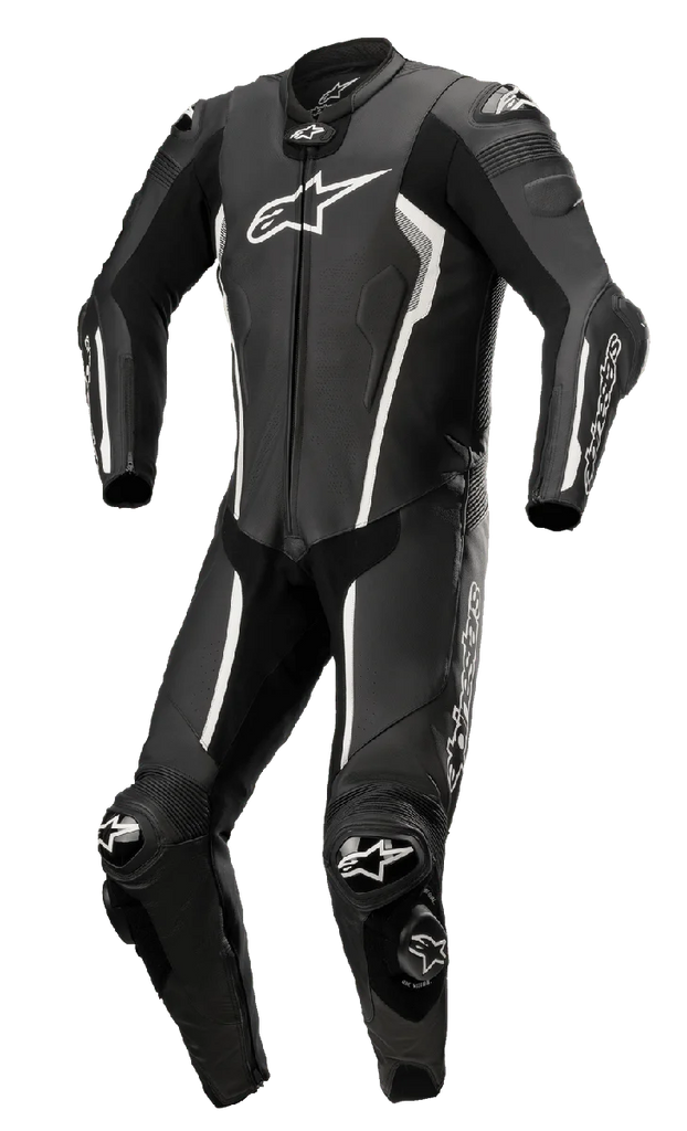 Alpinestars Missile V2 1-Piece Leather Suit, Black and White, Motorcycle Racing Suit, aerodynamic design with knee and elbow protection, perforated ventilation panels, CE certified, premium leather construction for track performance