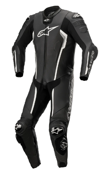 Alpinestars Missile V2 1-Piece Leather Suit, Black and White, Motorcycle Racing Suit, aerodynamic design with knee and elbow protection, perforated ventilation panels, CE certified, premium leather construction for track performance