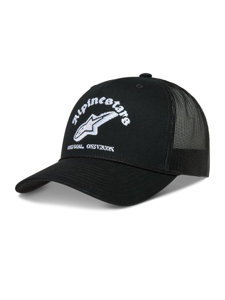 Alpinestars Baron Trucker Hat, black sportswear cap with white embroidered logo, curved bill, and breathable mesh back.