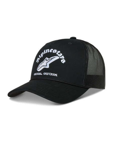 Alpinestars Baron Trucker Hat, black sportswear cap with white embroidered logo, curved bill, and breathable mesh back.