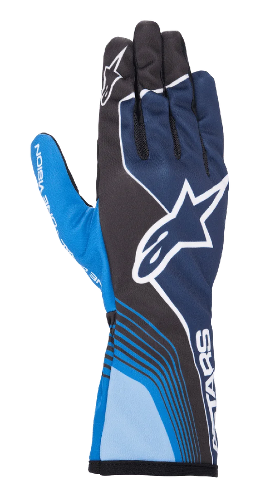 Alpinestars Tech-1 K Race V2 Future Gloves, Karting Racing Gloves, Navy Blue and Light Blue with Black accents, featuring a large white star logo, dynamic curved lines, mesh finger sections, and a sporty motorsport design with white branding