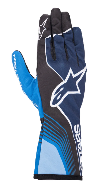 Alpinestars Tech-1 K Race V2 Future Gloves, Karting Racing Gloves, Navy Blue and Light Blue with Black accents, featuring a large white star logo, dynamic curved lines, mesh finger sections, and a sporty motorsport design with white branding