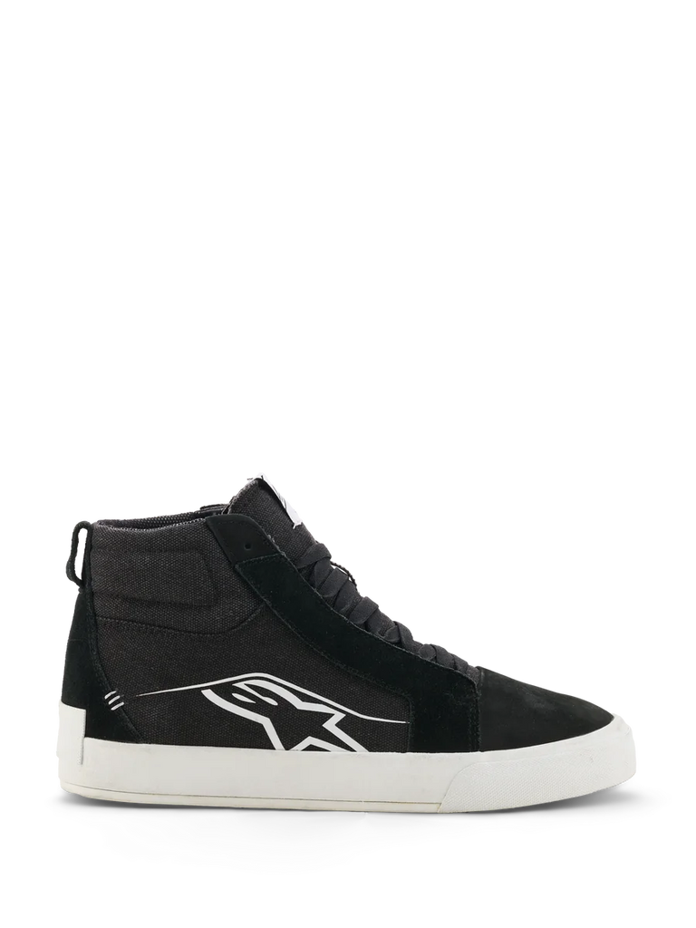 Alpinestars Ride-63 Canvas Shoes, Black and White High-Top Motorcycle Sneakers, Urban Casual Riding Footwear, Canvas and Suede Upper, Side Profile with White Astars Logo, Flat White Rubber Sole