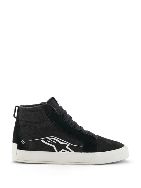 Alpinestars Ride-63 Canvas Shoes, Black and White High-Top Motorcycle Sneakers, Urban Casual Riding Footwear, Canvas and Suede Upper, Side Profile with White Astars Logo, Flat White Rubber Sole