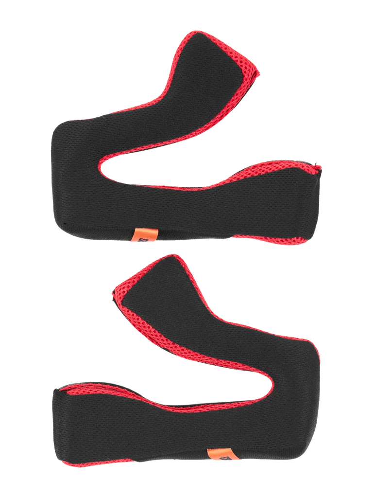 Alpinestars S-M5 22.06 Regular Cheek Pad Set, replacement helmet padding, Black and Red, soft cushioned foam construction with red mesh fabric trim, orange branded tags, motorcycle helmet accessories