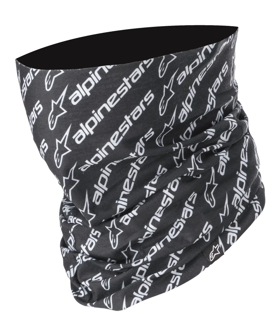 Alpinestars Linear Neck Tube, Motorcycle neck gaiter, Black and White, repeated diagonal Alpinestars logo and text pattern, seamless microfiber construction, lightweight base layer for road riding