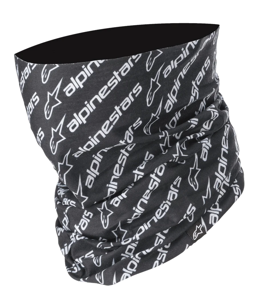 Alpinestars Linear Neck Tube, Motorcycle neck gaiter, Black and White, repeated diagonal Alpinestars logo and text pattern, seamless microfiber construction, lightweight base layer for road riding