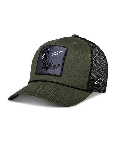 Alpinestars Booted Trucker Hat, trucker cap, military green and black, featuring a woven Tech Boot patch on the front, braided rope trim, and black mesh back with side logo embroidery