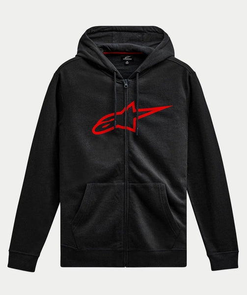 Alpinestars Ageless Zip V3 Hoodie, casual streetwear, black with large red Alpinestars logo on the chest, full-zip front, drawstring hood, long sleeves, ribbed cuffs and hem