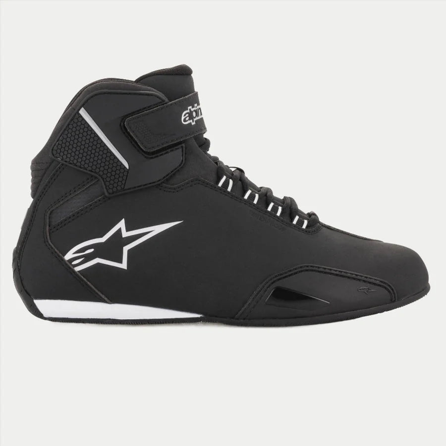 Alpinestars Women Stella Sektor Waterproof Shoes, Motorcycle Riding Shoes, Black and Silver, side profile view featuring a black microfiber chassis, white Astars logo, silver reflective accents, and a speed lace system with an ankle strap.