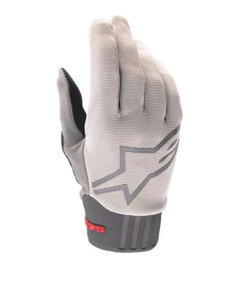 Alpinestars A-Dura Gloves, Mountain Bike Gloves, Light Gray and Charcoal, featuring a large star logo on the back, red Alpinestars branding on the neoprene cuff, textured stretch fabric upper, and ergonomic design for off-road cycling