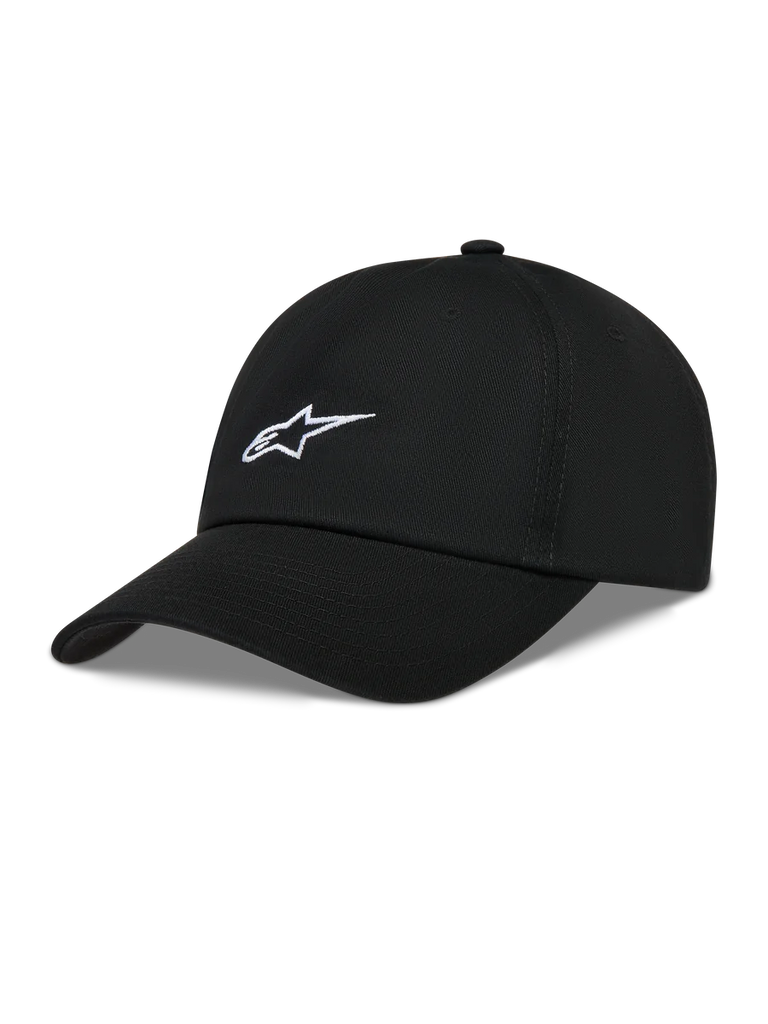 Alpinestars Dylan Dad Hat, Black unstructured twill cap with white Astars logo embroidery and curved bill.