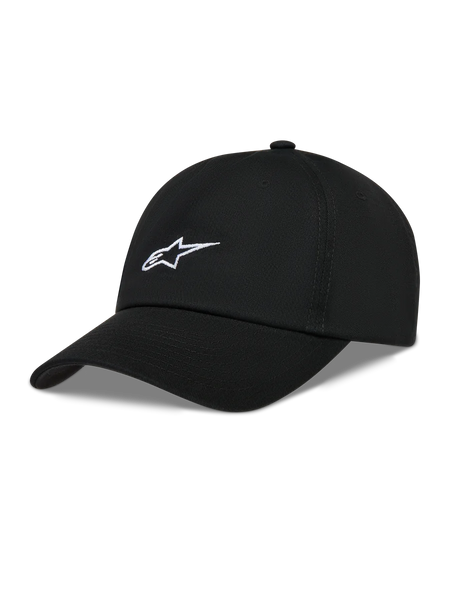 Alpinestars Dylan Dad Hat, Black unstructured twill cap with white Astars logo embroidery and curved bill.