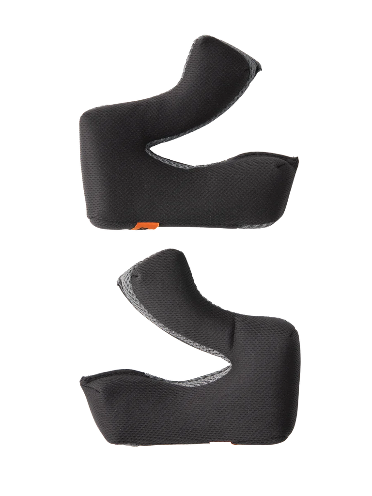 Alpinestars S-M3 Cheek Pad Set +5MM, Motocross helmet replacement pads, black textured fabric with gray mesh edges, ergonomic contoured design, moisture-wicking material for enhanced comfort and secure fit