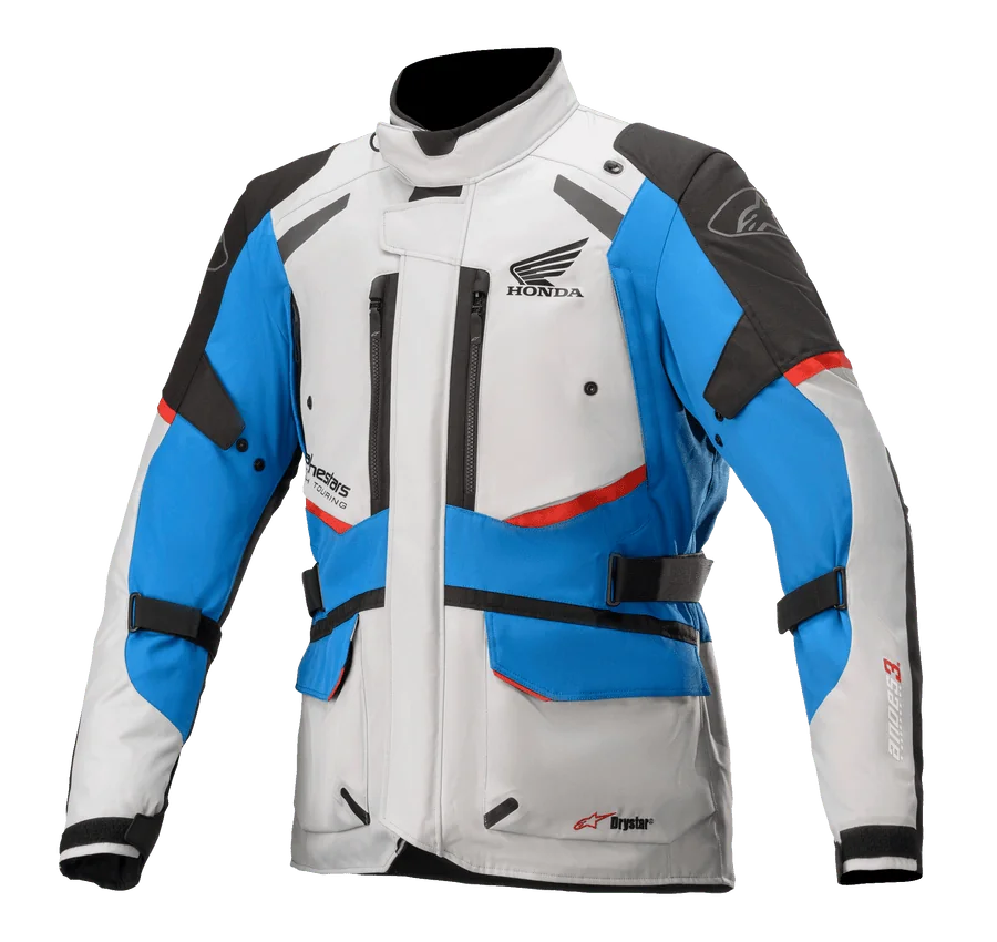 Alpinestars Honda Andes V3 Drystar® Jacket, Motorcycle Touring Jacket, Ice Gray Blue and Bright Red, waterproof design with high collar, multiple zippered vents, cargo pockets, and adjustable straps, featuring Honda branding
