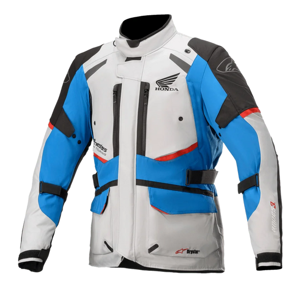 Alpinestars Honda Andes V3 Drystar® Jacket, Motorcycle Touring Jacket, Ice Gray Blue and Bright Red, waterproof design with high collar, multiple zippered vents, cargo pockets, and adjustable straps, featuring Honda branding