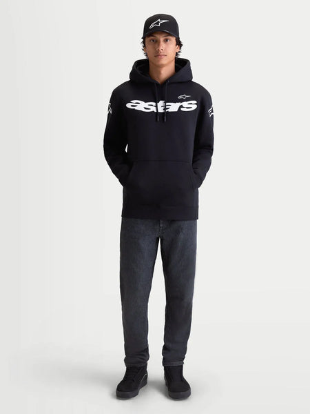 Alpinestars Velocifier Hoodie, Men's Black Pullover Fleece, Sportswear for Casual Off-Bike Wear, features White Astars wordmark on front and shoulder logos, premium cotton blend, shown on model with matching cap.