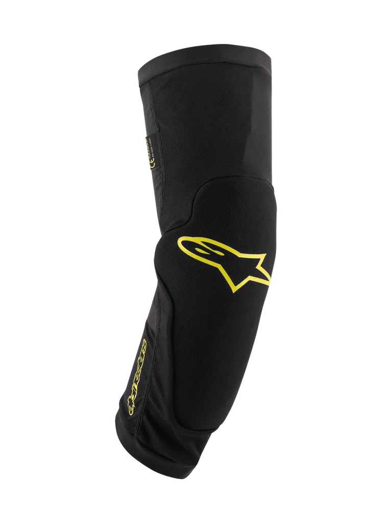 Alpinestars Paragon Plus Knee Protectors, Black with Acid Yellow Logos, Mountain Bike Protective Gear, tubular slip-on sleeve with integrated padding, breathable mesh and durable textured fabric