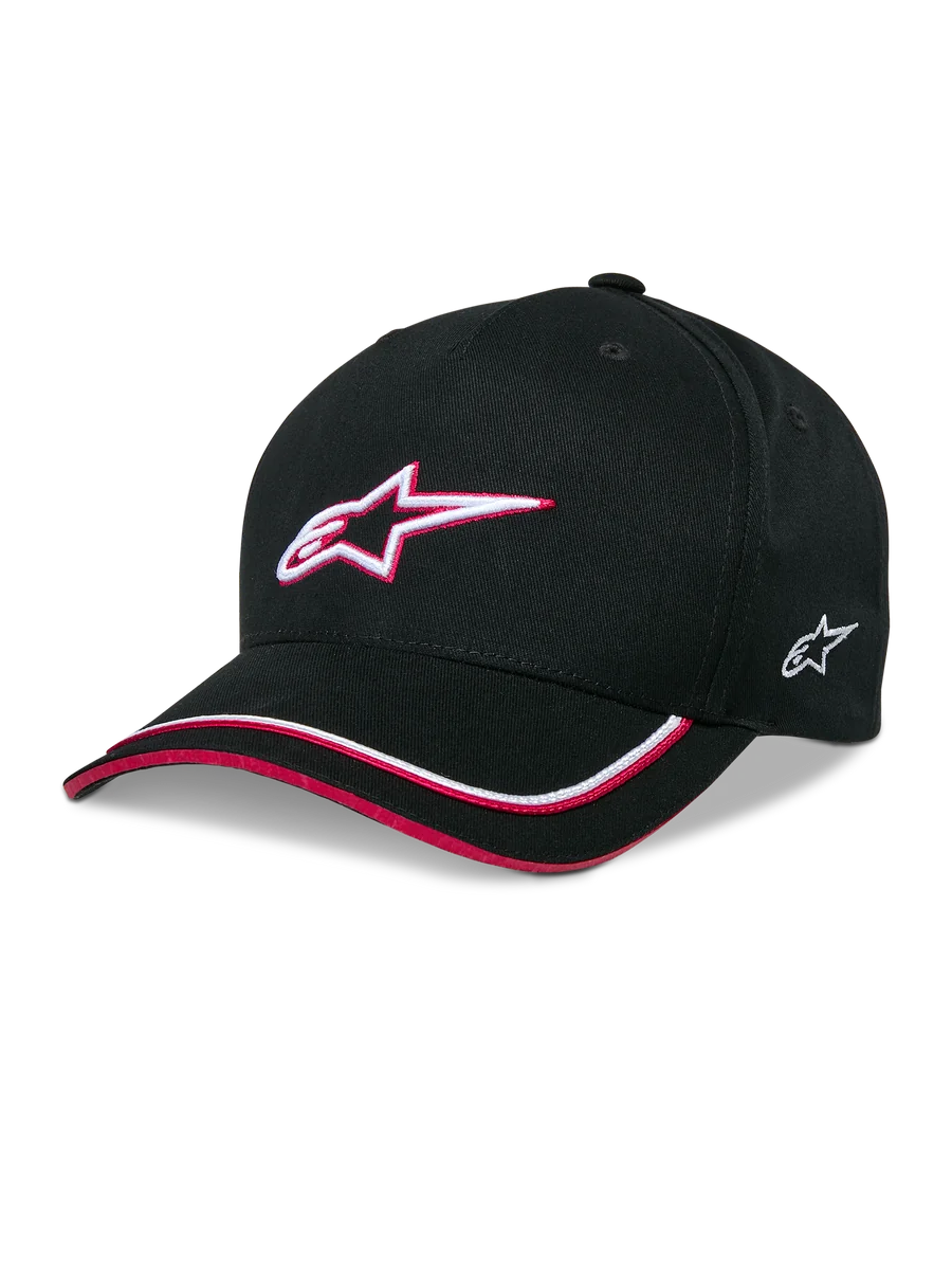 Alpinestars Ascension Snapback Hat, Black Baseball Cap with White and Red 3D Embroidered Star Logo, Curved Brim with Red and White Piping, Structured Crown, Casual Motorsport Headwear