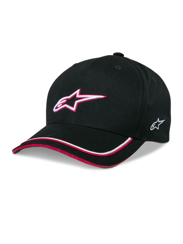 Alpinestars Ascension Snapback Hat, Black Baseball Cap with White and Red 3D Embroidered Star Logo, Curved Brim with Red and White Piping, Structured Crown, Casual Motorsport Headwear