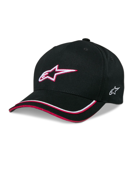 Alpinestars Ascension Snapback Hat, Black Baseball Cap with White and Red 3D Embroidered Star Logo, Curved Brim with Red and White Piping, Structured Crown, Casual Motorsport Headwear