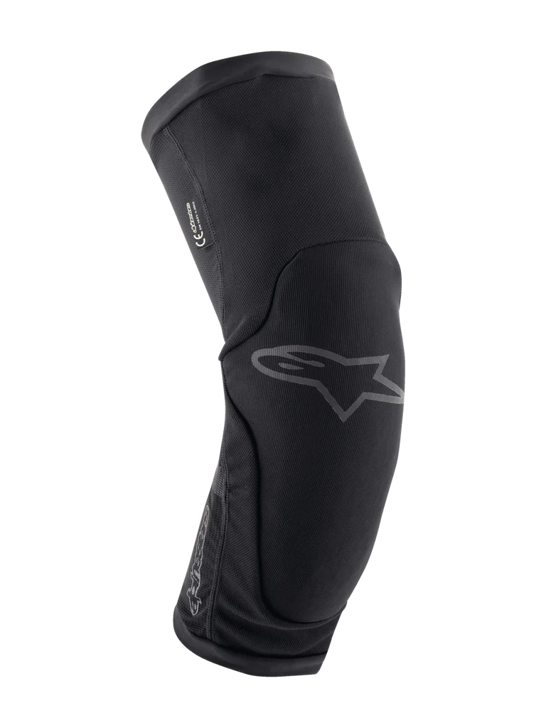 Alpinestars Paragon Plus Knee Protectors, Mountain Bike Knee Protection, Black, ergonomic curved design with breathable stretch mesh, slip-on style, subtle gray Astar logo on the front