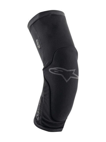 Alpinestars Paragon Plus Knee Protectors, Mountain Bike Knee Protection, Black, ergonomic curved design with breathable stretch mesh, slip-on style, subtle gray Astar logo on the front