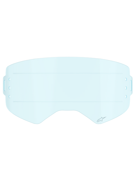 Alpinestars Supertech Roll Off Lens, Motocross Goggle Accessory, Clear Blue, transparent light blue polycarbonate lens featuring horizontal glide lines for smooth film movement and side mounting slots for roll-off systems.