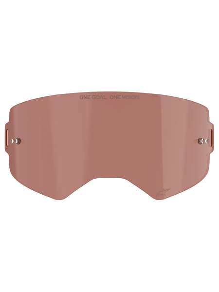 Alpinestars Supertech Goggle Lens, Copper Rose Tinted, injection-molded polycarbonate shield with built-in metal tear-off posts, featuring "ONE GOAL. ONE VISION." branding, off-road and motocross racing accessory