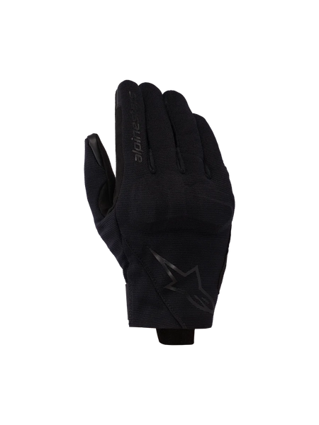 Alpinestars Reef V2 Gloves, Black, short cuff motorcycle gloves with textured stretch fabric, ergonomic design featuring brand logo on the index finger and star emblem on the back of the hand
