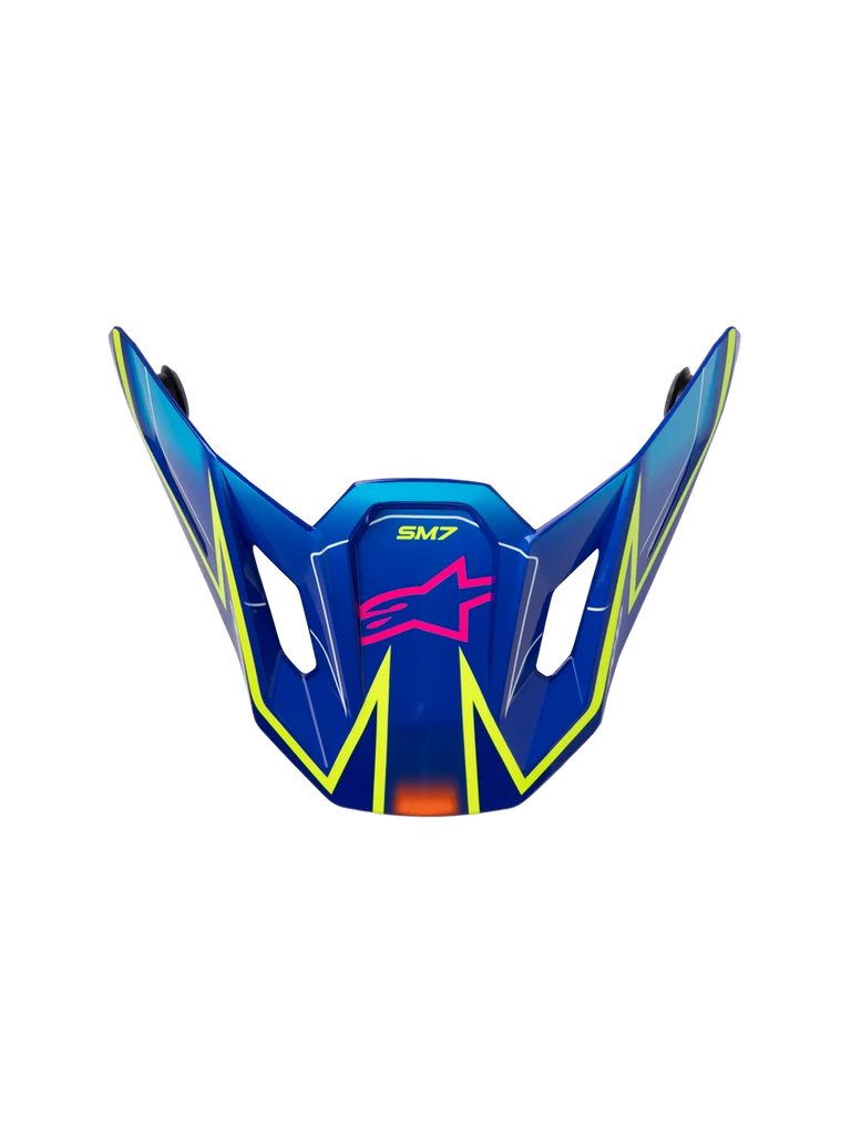 Alpinestars S-M7 Cast Visor, motocross helmet replacement peak, glossy blue with pink and yellow fluo accents, featuring pink star logo and SM7 branding, aerodynamic design with side ventilation vents