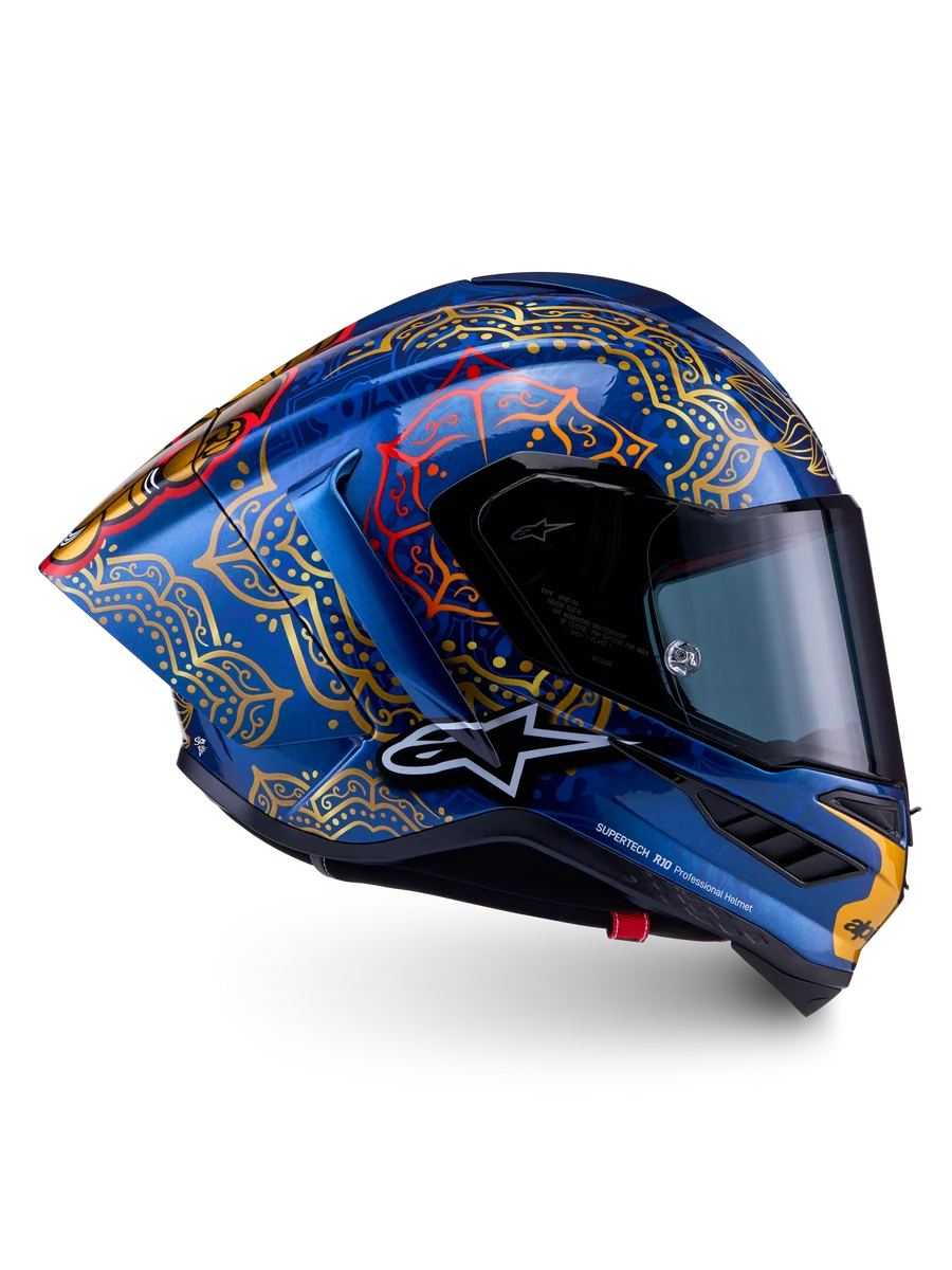 Alpinestars Limited Edition Supertech R10 Martinator Thai Helmet, blue and gold carbon shell, MotoGP racing, FIM certified.