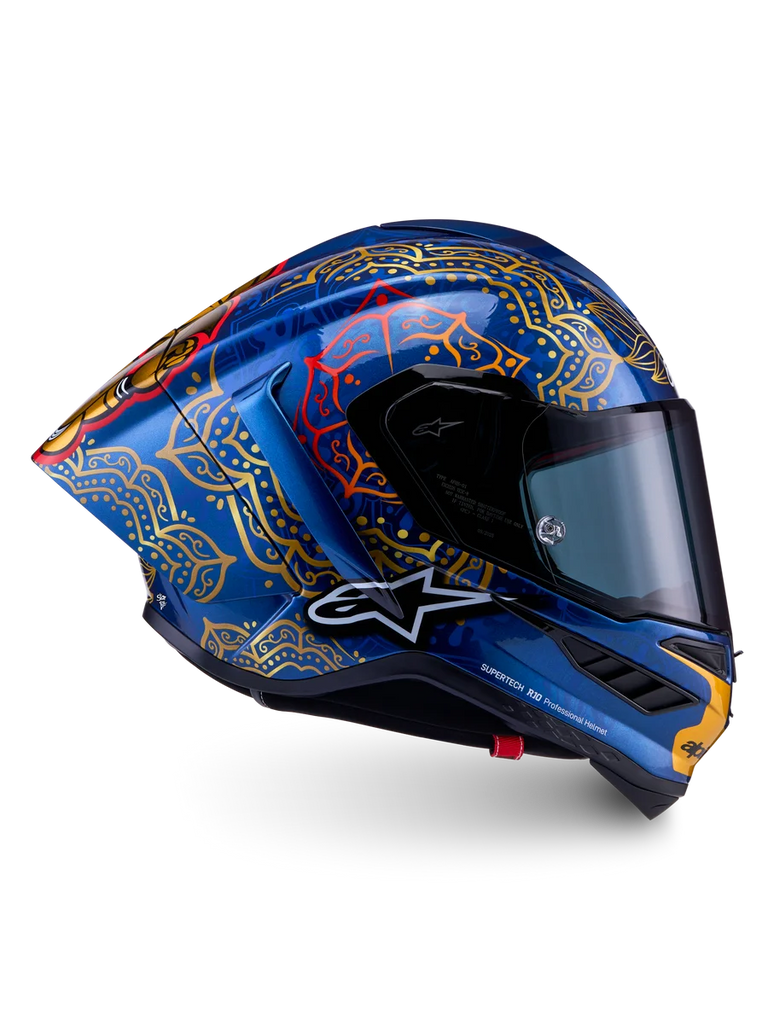 Alpinestars Limited Edition Supertech R10 Martinator Thai Helmet, blue and gold carbon shell, MotoGP racing, FIM certified.