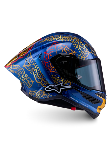 Alpinestars Limited Edition Supertech R10 Martinator Thai Helmet, blue and gold carbon shell, MotoGP racing, FIM certified.