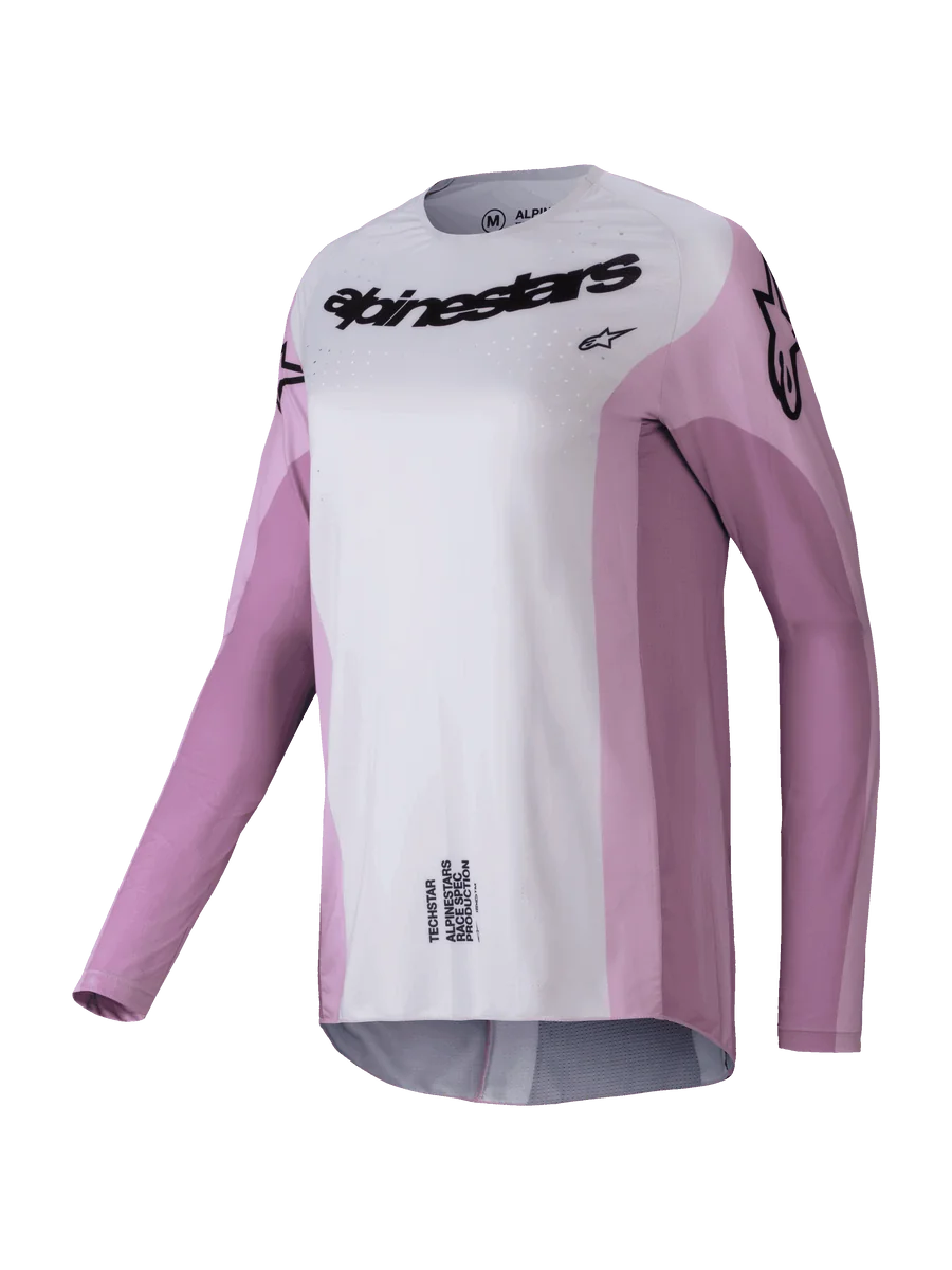 Alpinestars 2025 Stella Techstar Melt Jersey, Women's Motocross Long-Sleeve Jersey, Blush Pink and Light Gray with black branding, laser-cut perforations for ventilation, athletic racing apparel