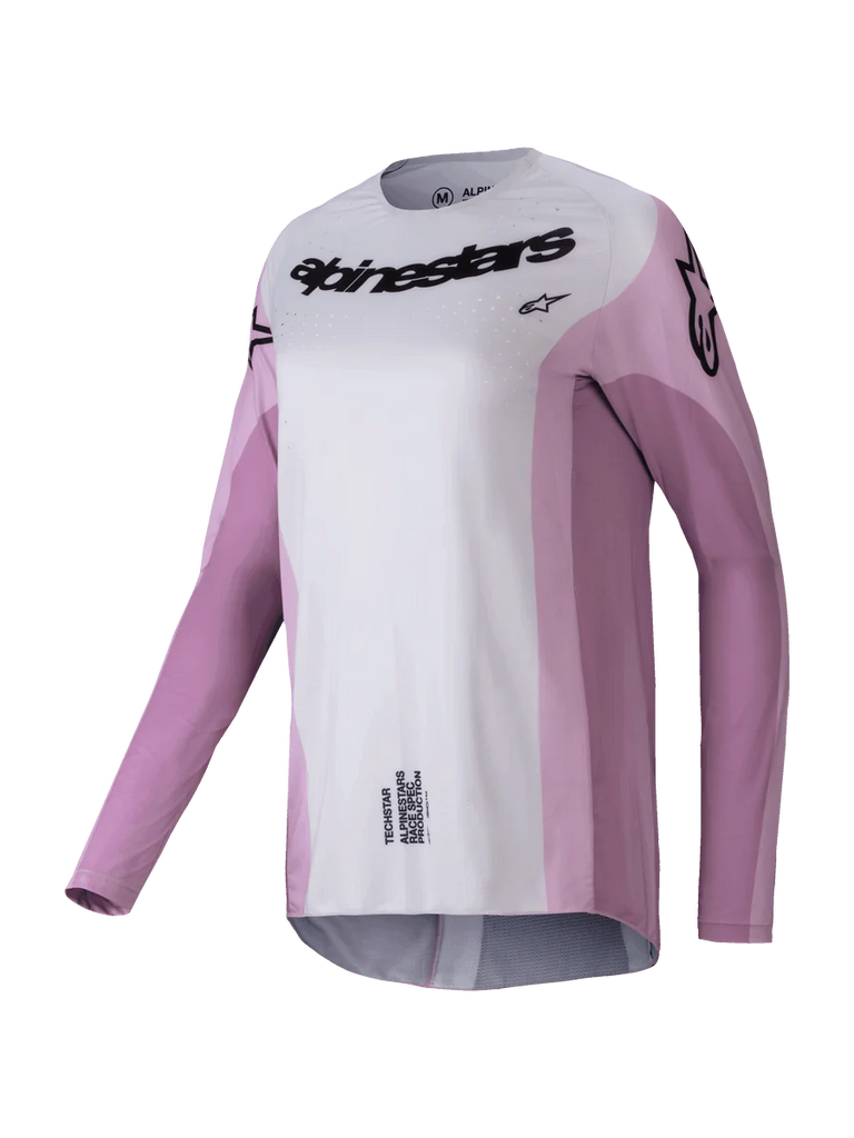 Alpinestars 2025 Stella Techstar Melt Jersey, Women's Motocross Long-Sleeve Jersey, Blush Pink and Light Gray with black branding, laser-cut perforations for ventilation, athletic racing apparel