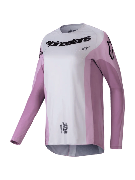 Alpinestars 2025 Stella Techstar Melt Jersey, Women's Motocross Long-Sleeve Jersey, Blush Pink and Light Gray with black branding, laser-cut perforations for ventilation, athletic racing apparel