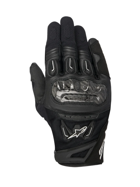 Alpinestars SMX-2 Air Carbon V2 Gloves, Black motorcycle gloves, top view showing carbon fiber knuckle guards, breathable 3D mesh and leather panels, white Alpinestars logo, and short-cuff design