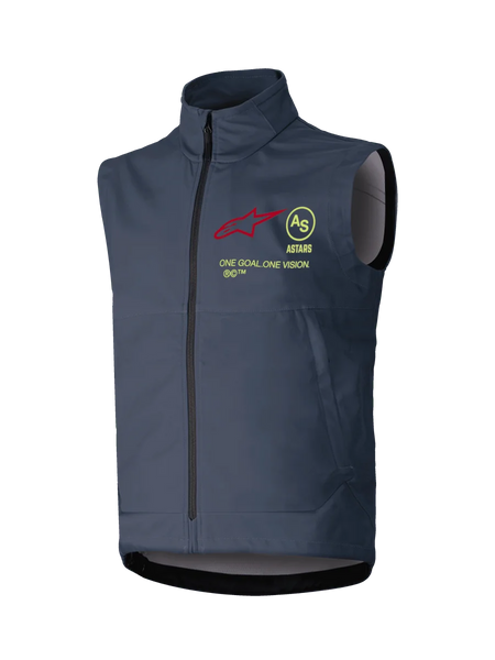 Alpinestars Techstar Softshell Vest, Motocross Sleeveless Vest, Dark Gray, high collar with full-length front zipper, featuring a red star logo, yellow circular AS emblem, ASTARS text, and ONE GOAL ONE VISION slogan on the chest, windproof off-road riding layer.