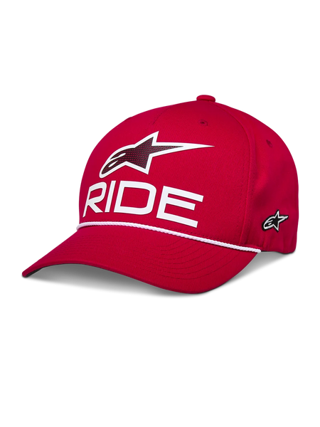 Alpinestars Ride Comp Snapback Hat, Red, Featuring White 3D Astars Logo and RIDE Text, Curved Bill with White Braided Rope Trim, Structured Crown, Casual Sportswear