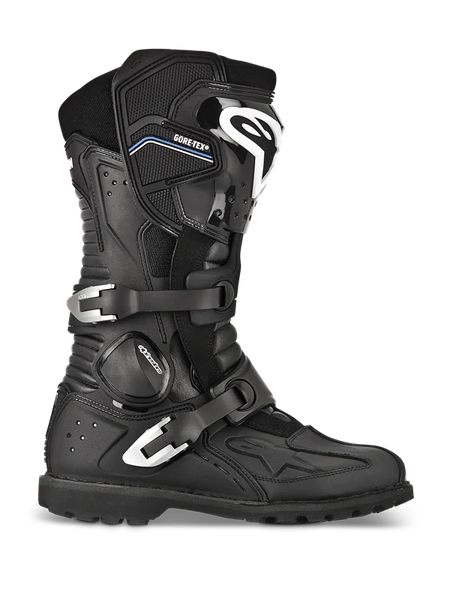 Alpinestars Toucan GORE-TEX Boots, Adventure Touring Motorcycle Boots, Black, profile view featuring dual silver aluminum buckles, GORE-TEX branding, reinforced shin guard with white logo, and rugged lugged sole
