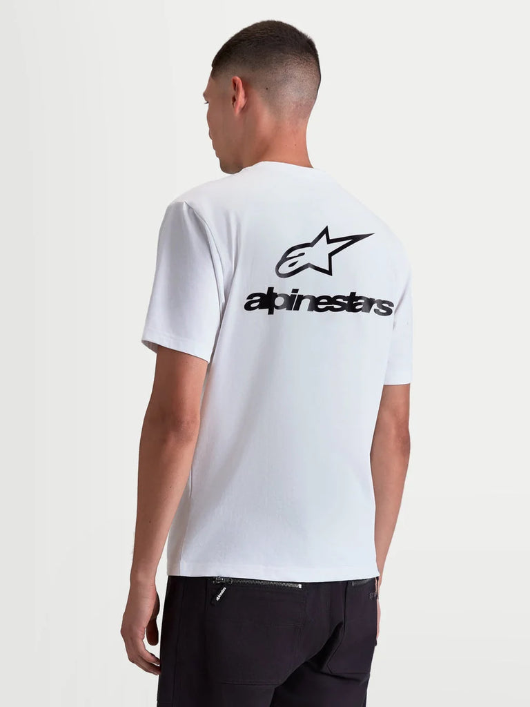 Alpinestars Combo Back CSF Tee, Short Sleeve Sportswear T-shirt, Unisex, White and Black, premium cotton-poly blend, featuring a large black Astars logo and wordmark graphic on the back, on-model view.