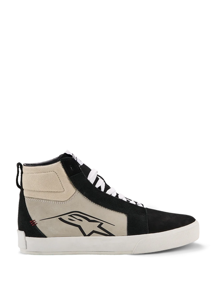 Alpinestars Ride-63 Leather Shoes, High-Top Motorcycle Sneaker, Black, Cool Gray and White, Side Profile with Black A-star Logo, White Vulcanized Sole, Suede Reinforcements, White Laces, Urban Casual Motorsport Footwear